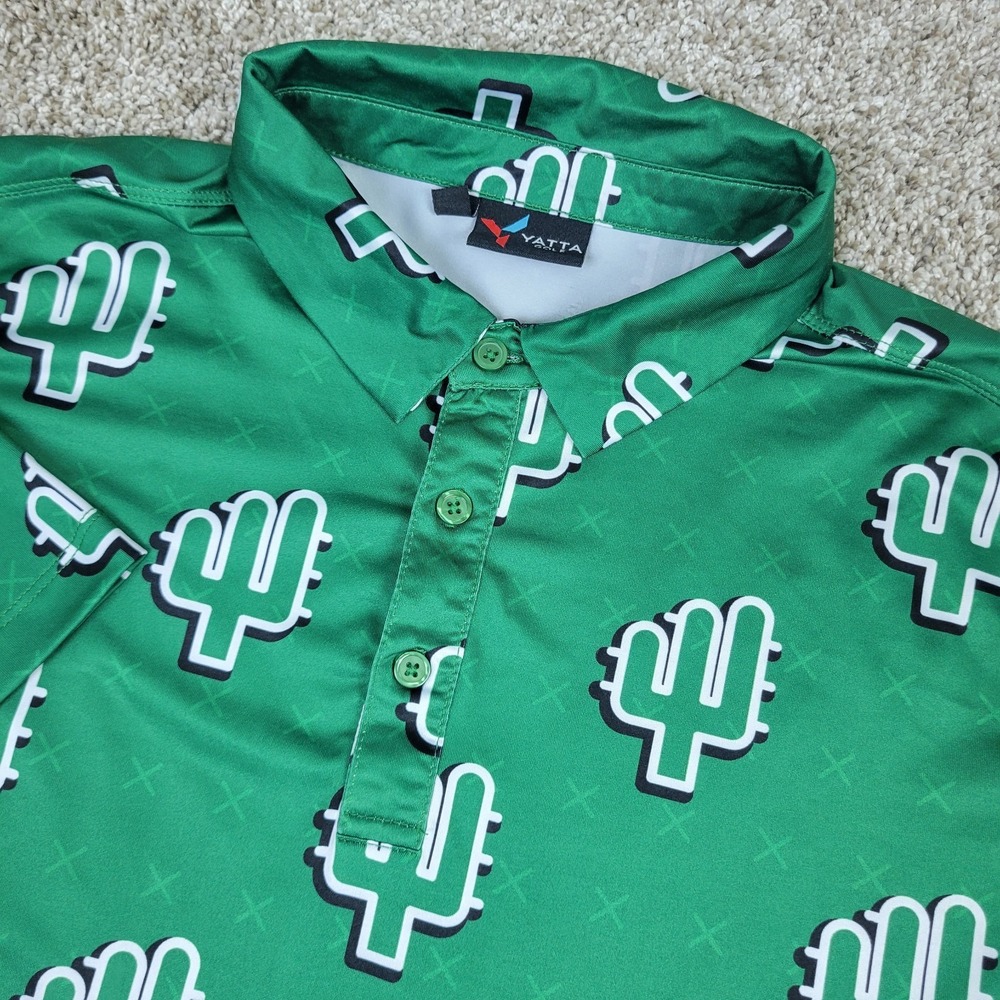 Yatta Golf Mens Medium Green AOP Cactus Performance Stretch Golf Polo SS